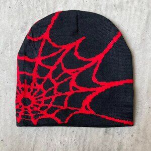 y2k spiderweb red and black grunge beanie